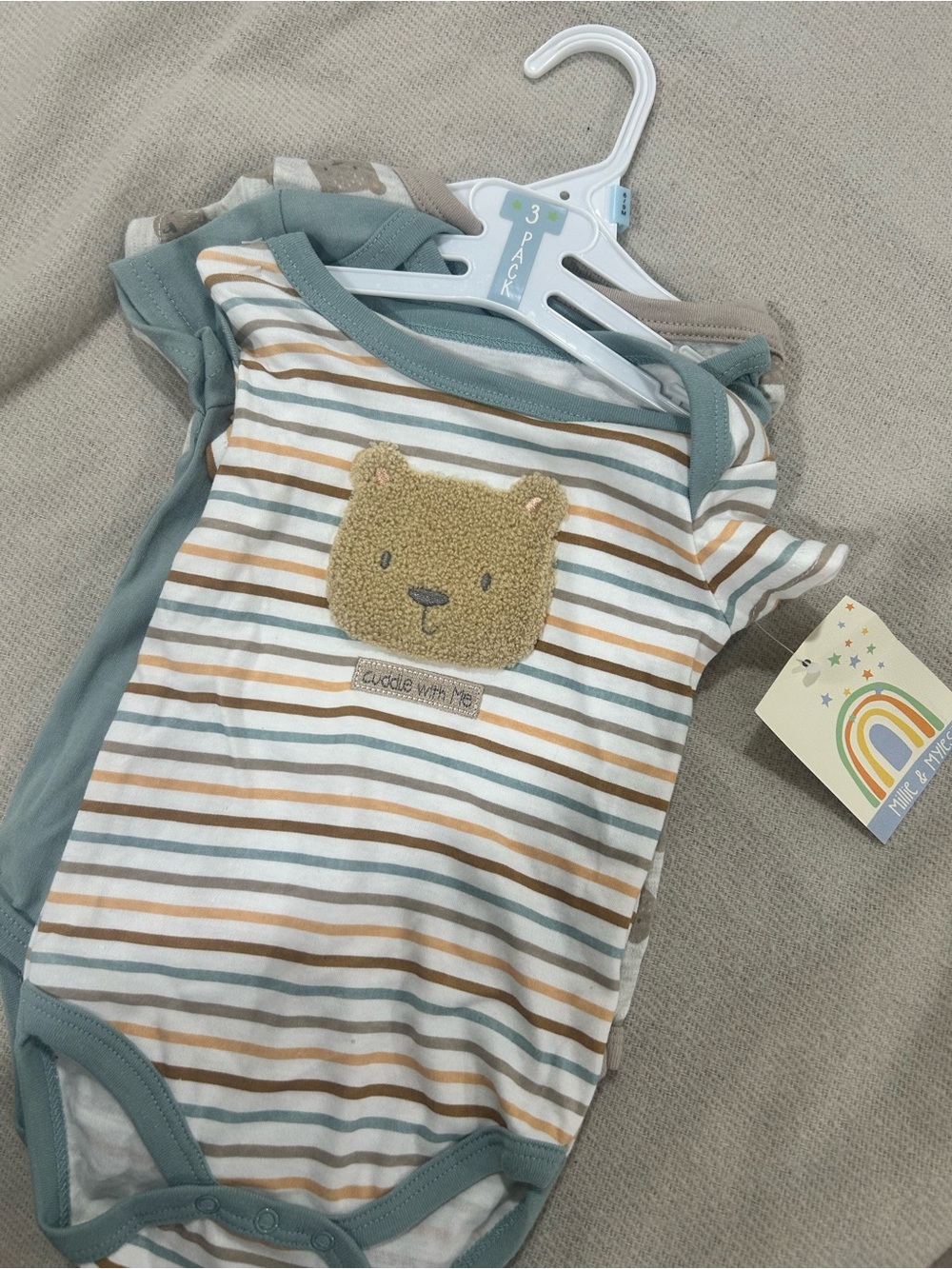 Striped Bear Appliqué One-Piece Bodysuit - Green/Tan - Unbranded